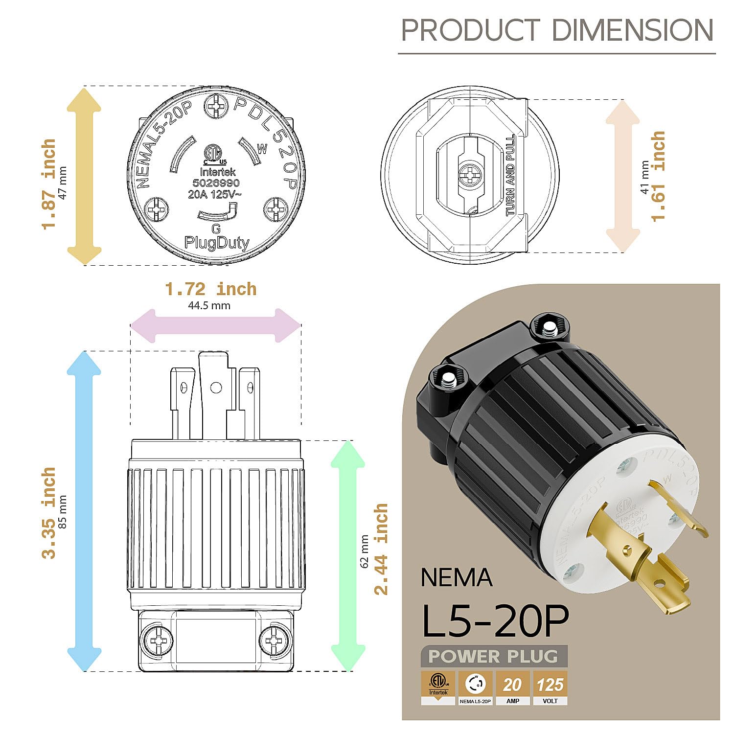 Nema L5-20P 20 Amp 125 Volt Connector, L5-20 Locking Power Cord